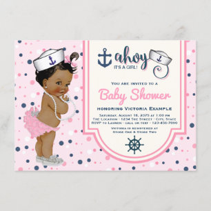Ethnic Pink Navy Blue Girl Nautical Baby Dusche Einladung