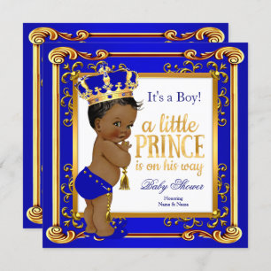 Ethnic Prince Baby Dusche Blue Gold Crown Einladung