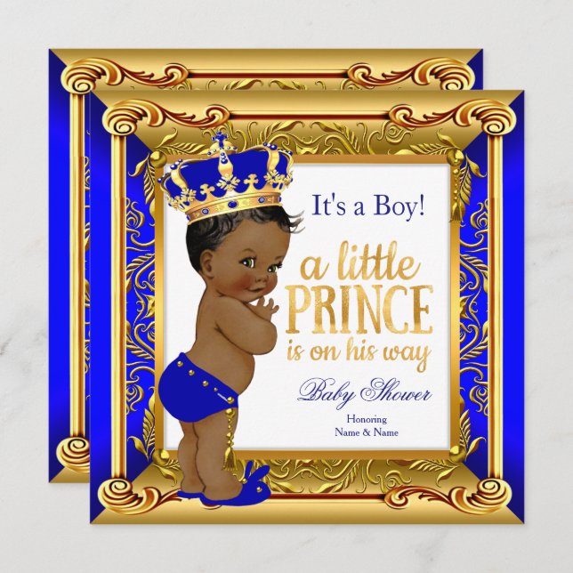 Ethnic Prince Baby Dusche Blue Imitate Gold Einladung (Vorne/Hinten)