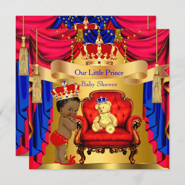 Ethnic Prince Baby Dusche Gold Bear Red Blue Einladung (Vorne/Hinten)