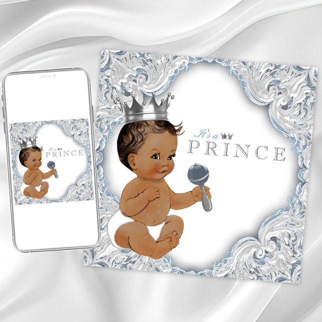 Ethnic Prince Baby Shower Blue und Silver Einladung (Baby blue and silver baby shower invitation. Instant download and printed invitations available.)
