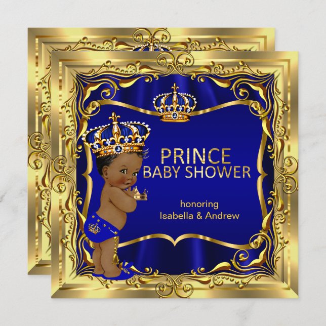 Ethnic Prince Baby Shower Boy Blue Gold Einladung (Vorne/Hinten)