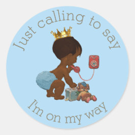 Ethnic Prince on Phone Blue Gray Baby Shower Runder Aufkleber
