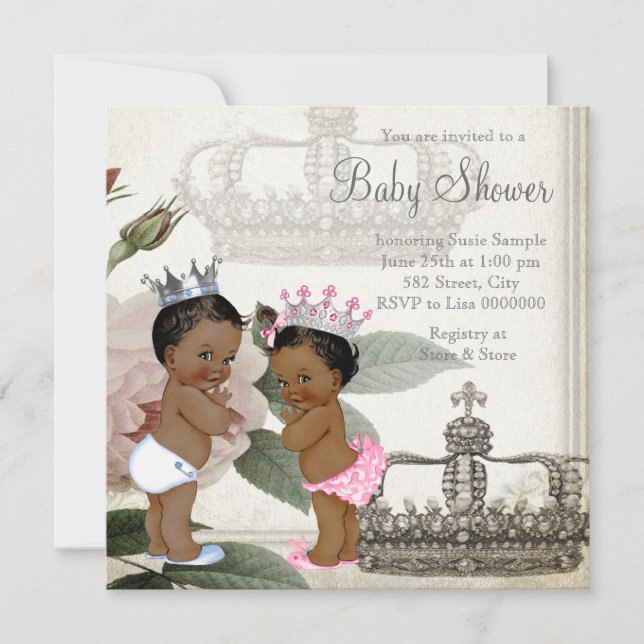 Ethnic Prince und Princess Twin Baby Dusche Einladung (Vorderseite)