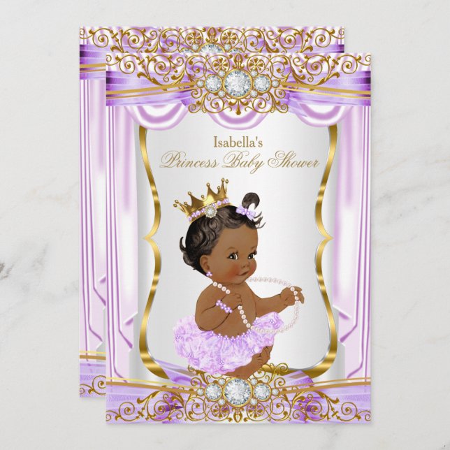 Ethnic Princess Baby Dusche Lila Seide Gold Einladung (Vorne/Hinten)