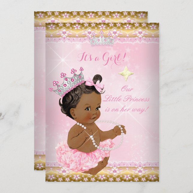 Ethnic Princess Baby Dusche Pink Tutu Gold Tiara A Einladung (Vorne/Hinten)