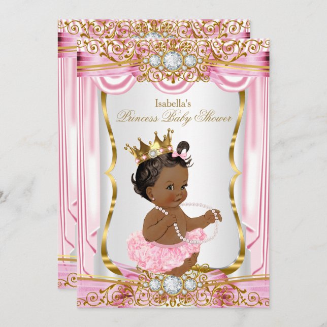 Ethnic Princess Baby Dusche Rosa Seide Gold Einladung (Vorne/Hinten)