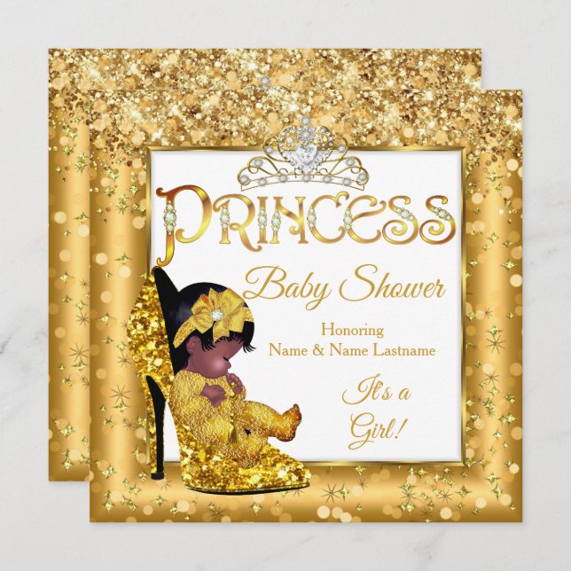 Ethnic Princess Baby Shower Gold High Heel Glitzer Einladung (Vorne/Hinten)