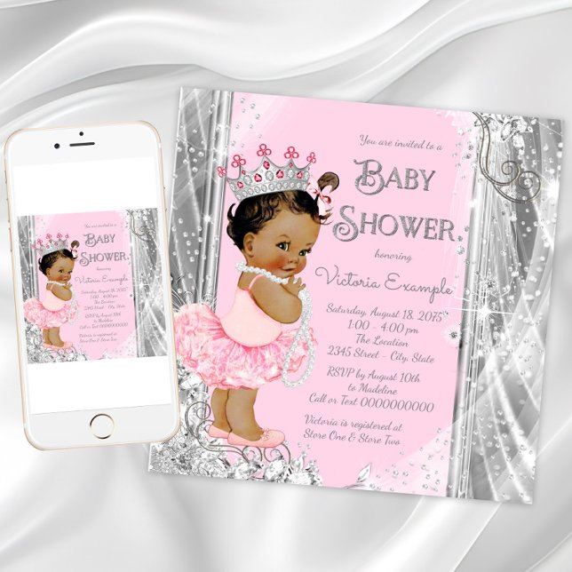 Ethnic Princess Tutu Pink Silver Baby Dusche Einladung (Pink silver princess baby shower invitation. Instant download and printed invitations available.)