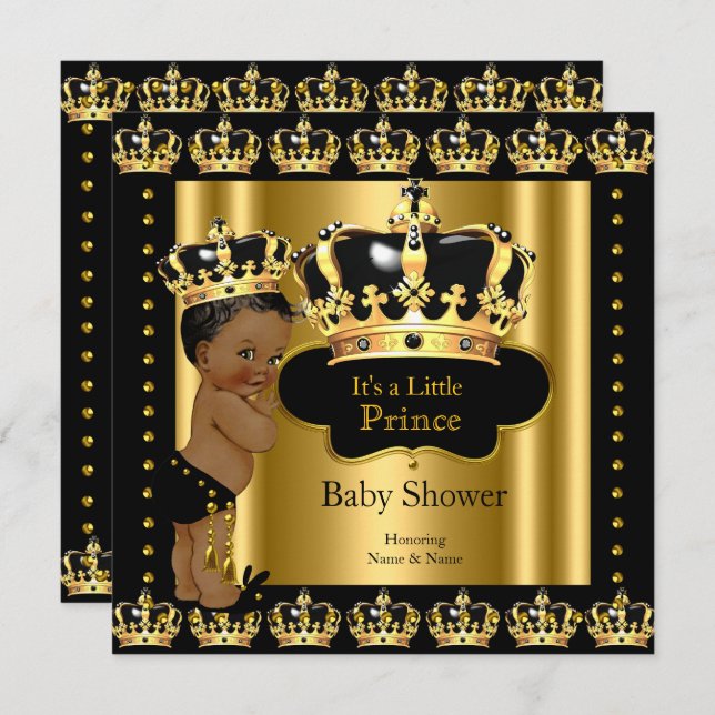 Ethnic Royal Prince Baby Dusche Black Gold Crown Einladung (Vorne/Hinten)