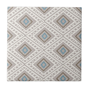 Ethnic Tile Muster Print, blau, ecru, braune Flies Fliese