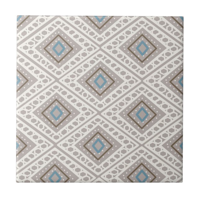 Ethnic Tile Muster Print, blau, ecru, braune Flies Fliese (Vorderseite)
