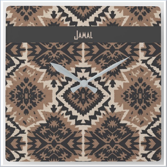 Ethnic Tribal Mudcloth Black & Tan Quadratische Wanduhr (Von Creator hochgeladen)