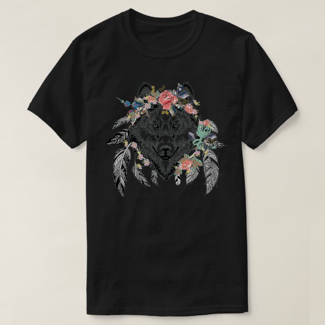Ethnic Tribal Wolf Head Boho Feather Native Americ T-Shirt (Design vorne)