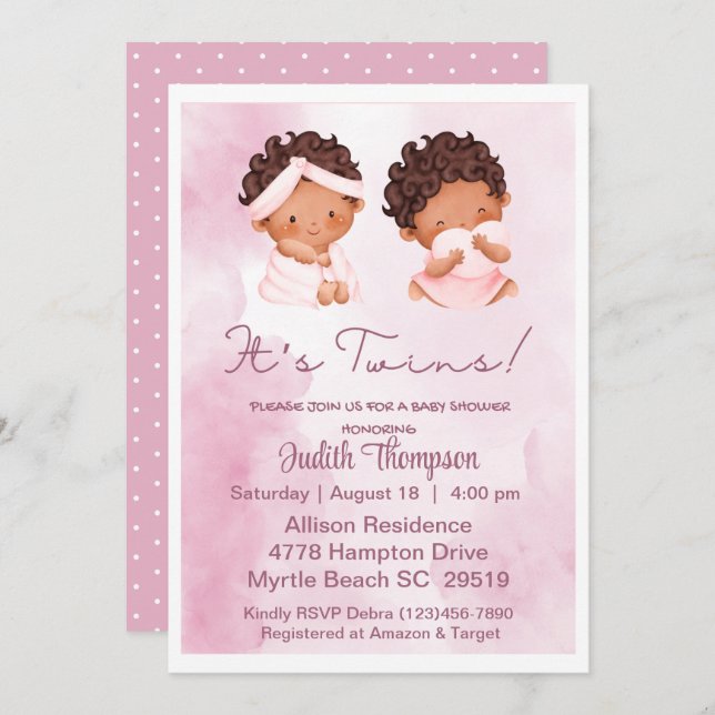 Ethnic Twin Girls Pink Baby Shower Einladung (Vorne/Hinten)