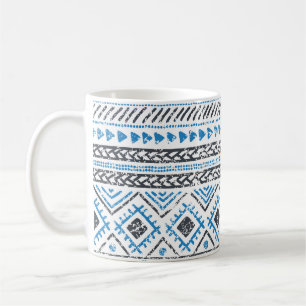Ethnisch Blau, weißer nahtloser Hintergrund. Kaffeetasse