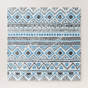 Ethnisch Blau, weißer nahtloser Hintergrund. Puzzle