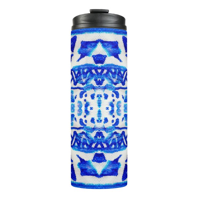 Ethnisch-blaues Aquarellmuster Thermosbecher (Vorderseite)