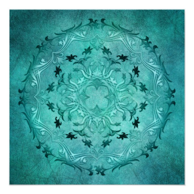 Ethnisch florale türkis Grunge mandala. Poster (Vorderseite)