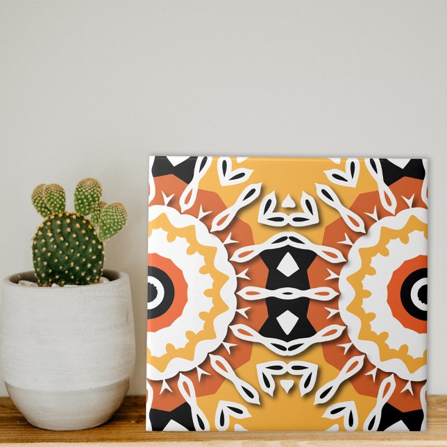 Ethnisch-orangefarbenes Schwarz-Weiß-Damast-Mosaik Fliese (Von Creator hochgeladen)