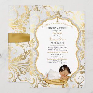 Ethnische Baby-Mädchen-Taufe Christening Goldkreuz Einladung