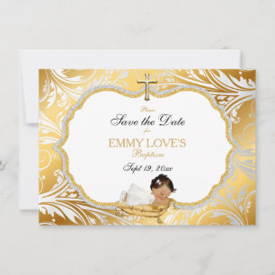 Ethnische Baby-Mädchen-Taufe Save Datum Goldkreuz The Date