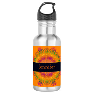 Ethnische BlumenMandala auf orange Hintergrund. Edelstahlflasche