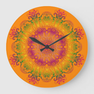 Ethnische BlumenMandala auf orange Hintergrund Große Wanduhr