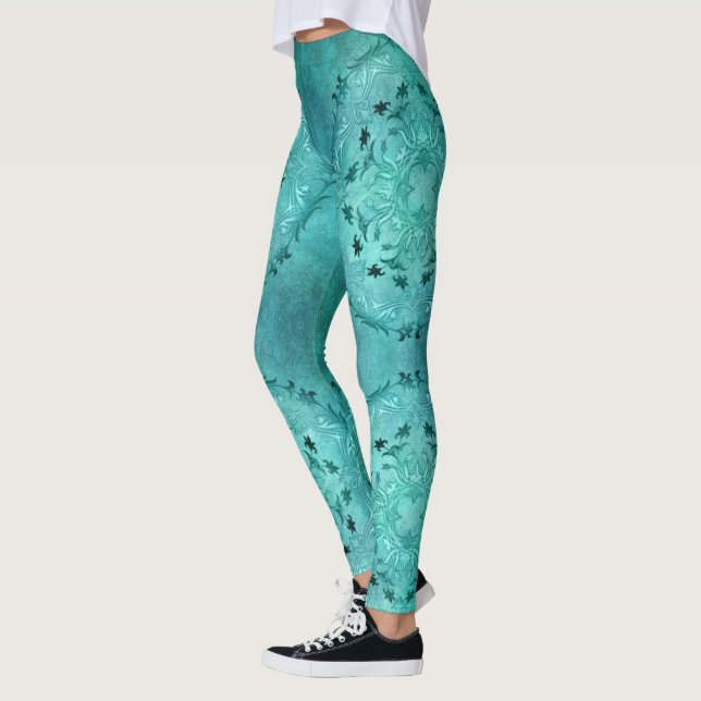 Ethnische BlumenTürkis-Schmutz-Mandala Leggings (Links)