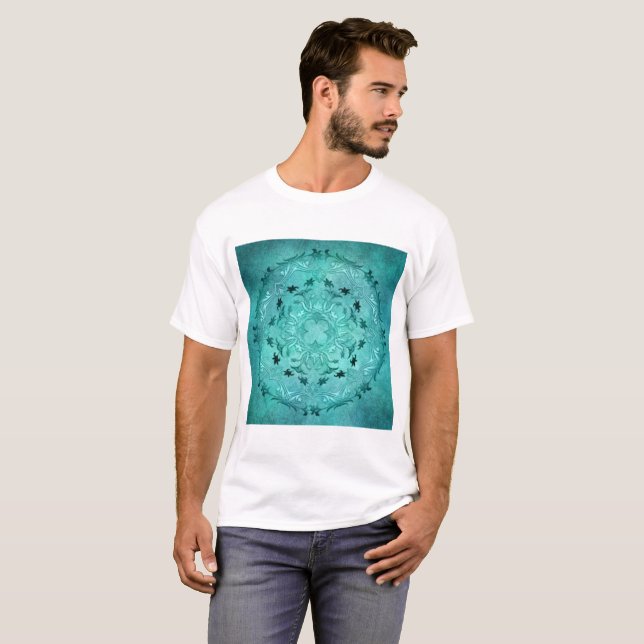 Ethnische BlumenTürkis-Schmutz-Mandala T-Shirt (Vorne ganz)