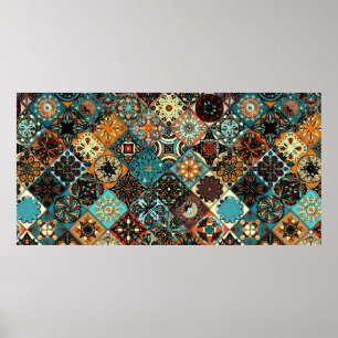 Ethnische Blütenmandala nahtlos Muster. Farbige m Poster