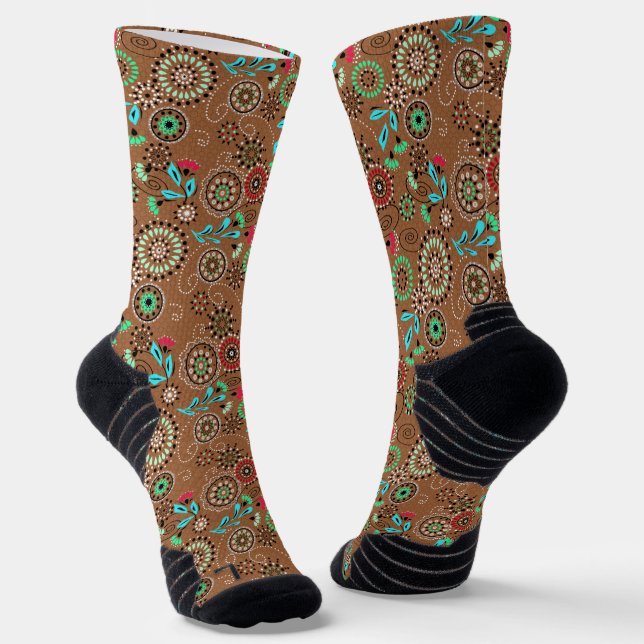 Ethnische Folk abstrakt florale Muster Retrobraun Socken (Gewinkelt)