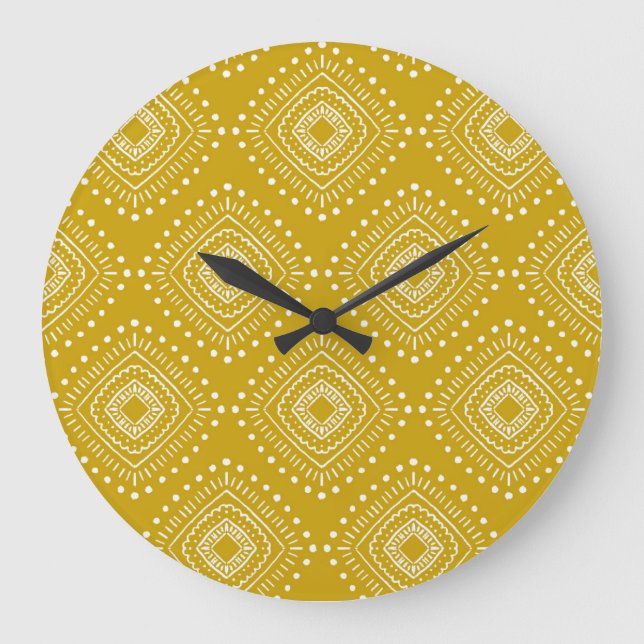 Ethnische geometrische Struktur: goldgelb, weiß Große Wanduhr (Vorderseite)