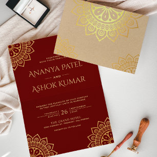 Ethnische Mandala Rote Indische Hochzeit Gold Folienkarte