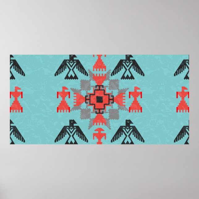 Ethnische Ornamente im Navajo-Stil mit Vögeln und  Poster (Vorne)