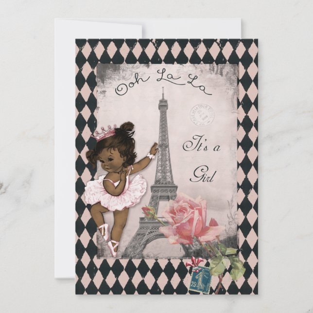 Ethnische Prinzessin Ballerina Eiffel Tower Babydu Einladung (Vorderseite)