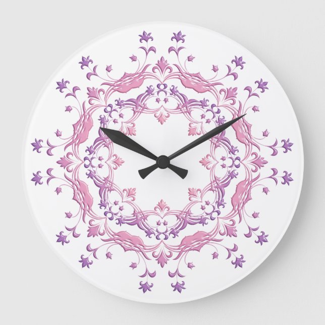 Ethnische rosa mit BlumenMandala Große Wanduhr (Vorderseite)