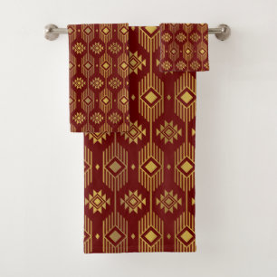 Ethnische rote und goldene Ikat-Geometrie Badhandtuch Set