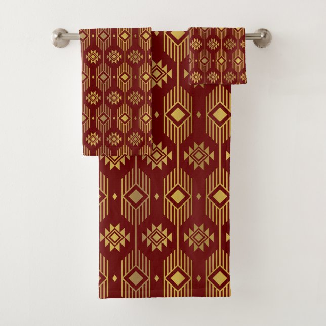 Ethnische rote und goldene Ikat-Geometrie Badhandtuch Set (Insitu)