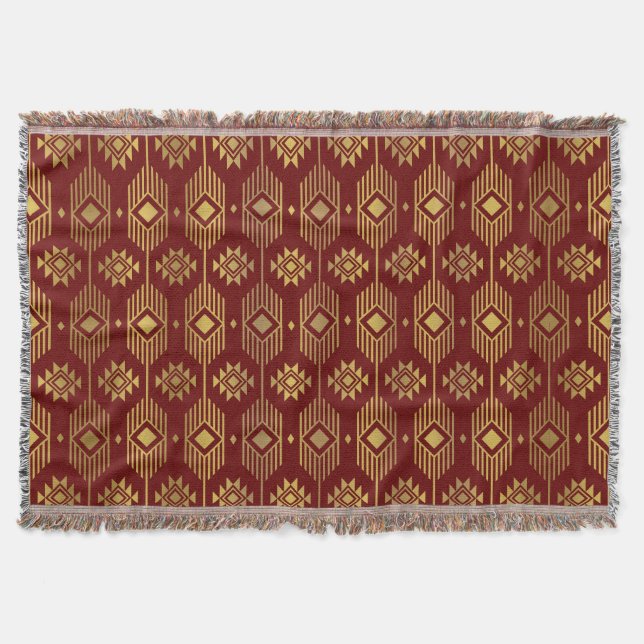 Ethnische rote und goldene Ikat-Geometrie Decke (Vorderseite)