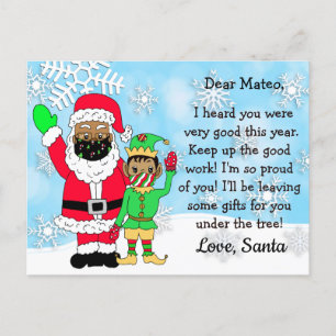 Ethnische Santa und Elf in Gesichtsmasken Briefe a Feiertagspostkarte