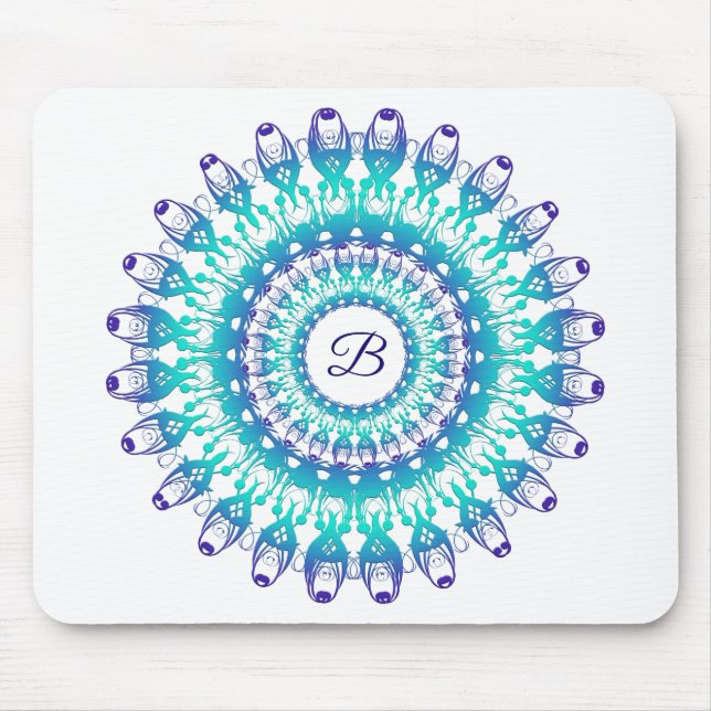 Ethnischer aquamariner Mandala. Monogramm Mousepad (Vorne)