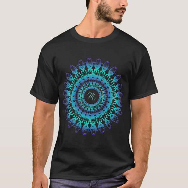 Ethnischer aquamariner Mandala. Monogramm T-Shirt (Vorderseite)