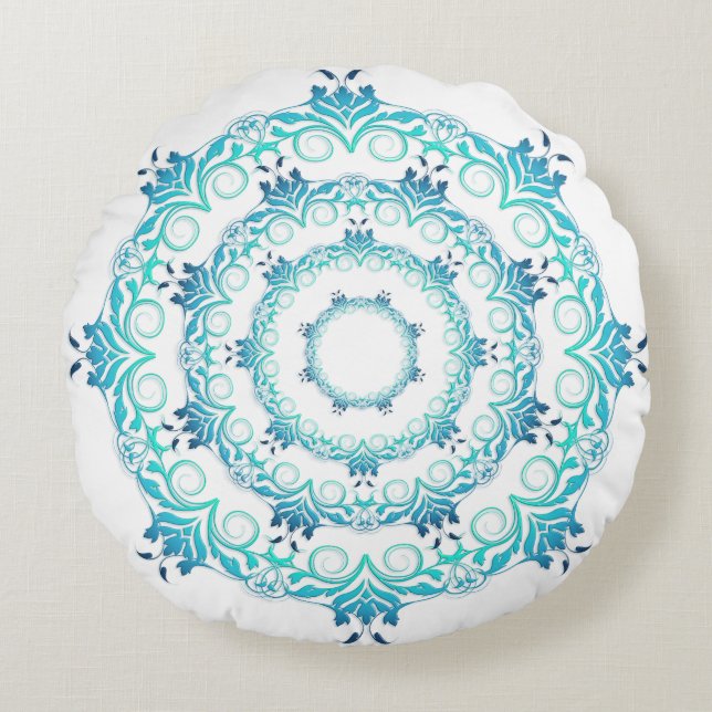 ethnischer aquamariner Mandala. Rundes Kissen (Vorderseite)