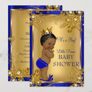 Ethnischer Prinzenjunge-Baby-Party Gold Blau Flora Einladung