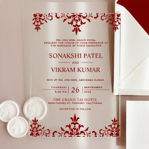 Ethnischer Roter Damast Indianische Hochzeit Acryleinladungen