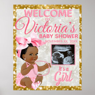 Ethnisches Baby Mädchen Rosa Foto Baby Shower Will Poster