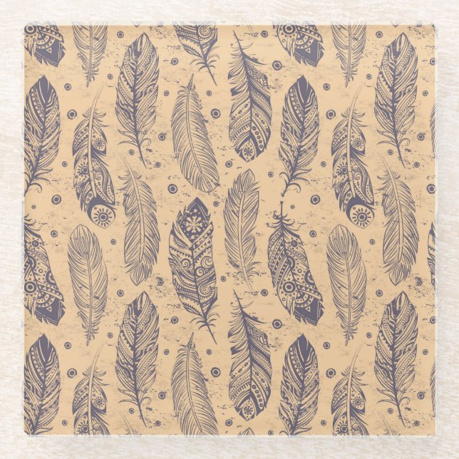 Ethnisches Feder-Kontur-Muster Glasuntersetzer (Vorderseite)