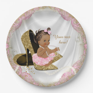 Ethnisches Mädchen Rosa Gold Hochhackige Babyparty Pappteller