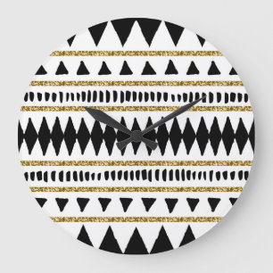 Ethnisches Muster des Black Gold Glitzer Große Wanduhr